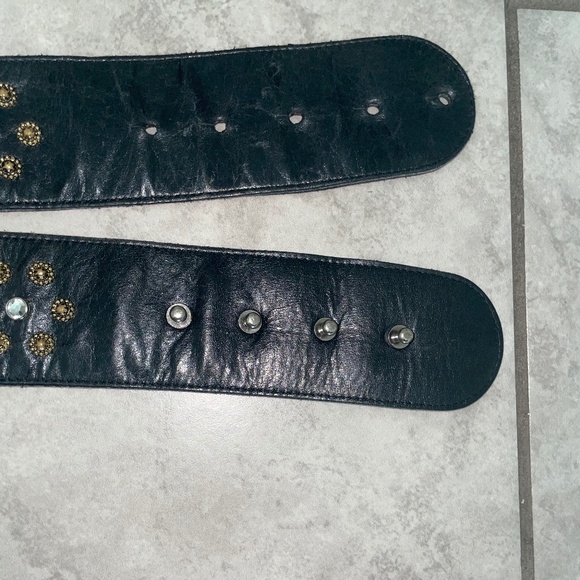 MIKKI G VINTAGE RARE Black Leather Custom-Cast Pewter Gold Swarovski Belt main image 4